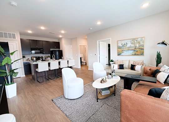A modern living room with a brown sofa and a grey rug.