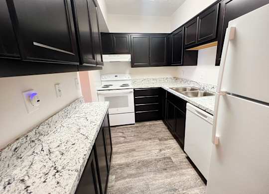 a kitchen with black cabinets and white appliances and granite counter tops