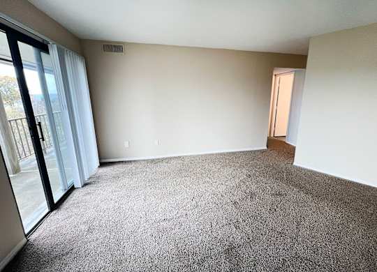 an empty living room with carpet and a sliding glass door at Indian Lookout Apartments, Ohio