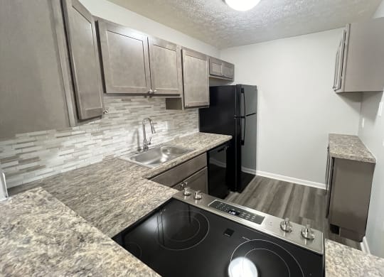 a kitchen with granite counter tops and a black stove and refrigerator at Fox Run Apartments, Cincinnati