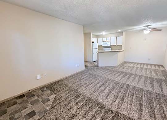 A room with a carpeted floor and a ceiling fan.
