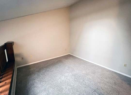 A room with a grey carpet and white walls.