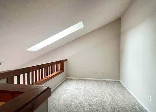 A room with a carpeted floor and a skylight.