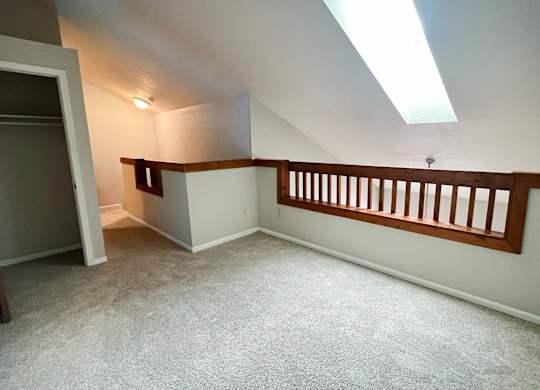 A room with a carpeted floor and a skylight.