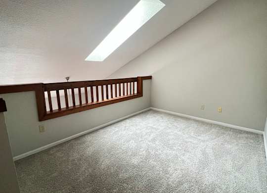 A room with a carpeted floor and a skylight.