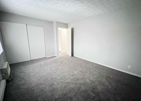 A room with a carpeted floor and a white door.