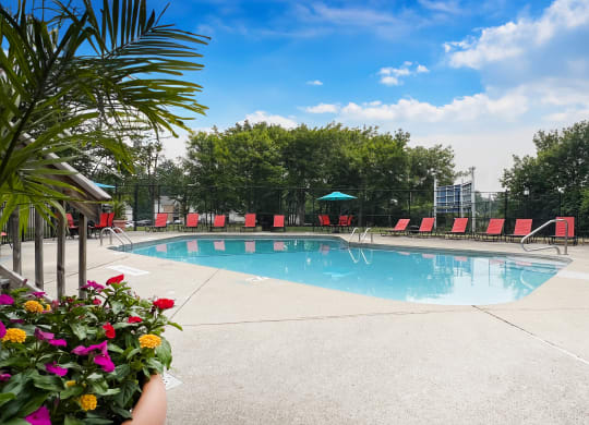 a swimming pool with red lounge chairs and trees in the background  at Hunter's Creek Apartments, Cincinnati