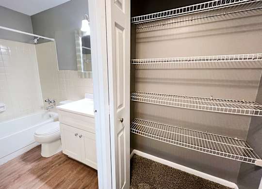 A white bathroom with a walk in closet.