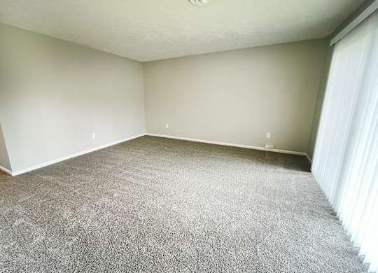 A room with a carpeted floor and white walls.