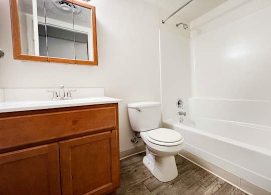 A white toilet sits in a bathroom next to a sink and a bathtub.