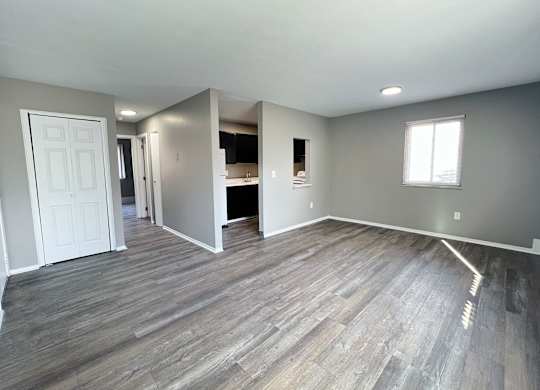 A room with wooden flooring and a white door.
