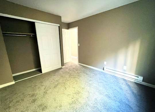 A room with a carpeted floor and a sliding door.