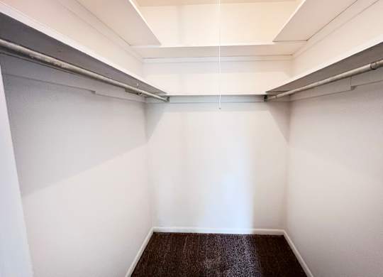 A long, narrow hallway with white walls and a brown carpeted floor.