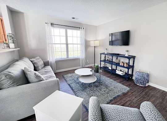 A living room with a grey couch, a white coffee table, a blue rug, and a TV mounted on the wall.