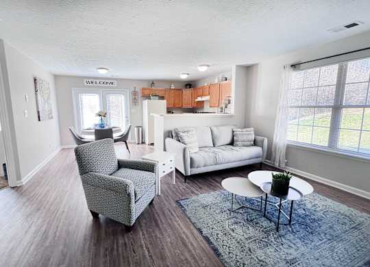 A living room with a grey armchair and a white sofa.