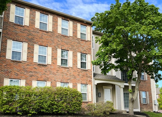 a brick apartment building with a tree in front of it  at Woodhills Apartments, West Carrollton, Ohio