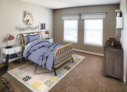 a bedroom with a bed and two windows at Knobs Pointe Apartments, New Albany, IN, 47150