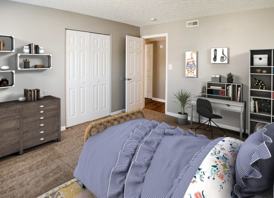 a bedroom with a bed and a dresser and a closet at Knobs Pointe Apartments, New Albany, IN