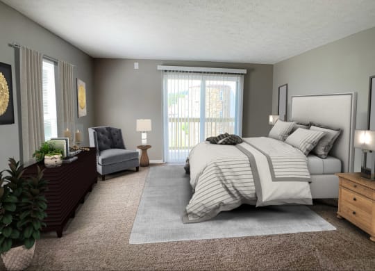 a bedroom with a bed and a dresser and a window at Knobs Pointe Apartments, New Albany, 47150