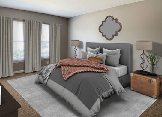 a bedroom with a bed and two windows  at Knobs Pointe Apartments, New Albany, IN, 47150