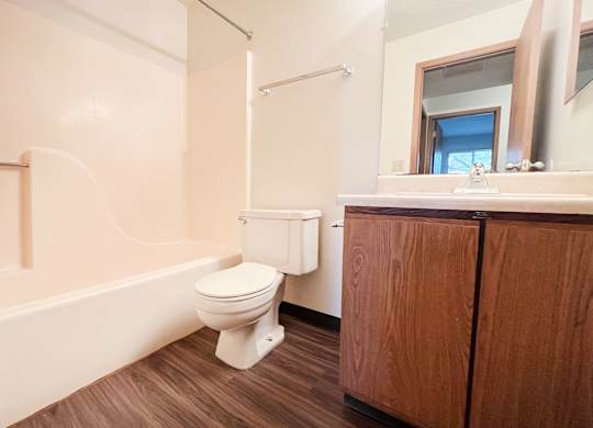 a bathroom with a toilet and a sink and a mirror at Forest Creek Apartments, Middletown