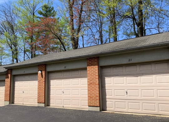 a pair of garage doors on a brick building at The Vinings Apartments, Cincinnati, Ohio