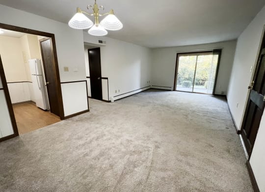 an empty living room with a carpeted floor and a window