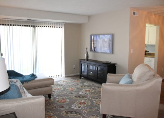 a living room with couches and chairs and a rug  at Hunter's Creek Apartments, Cincinnati