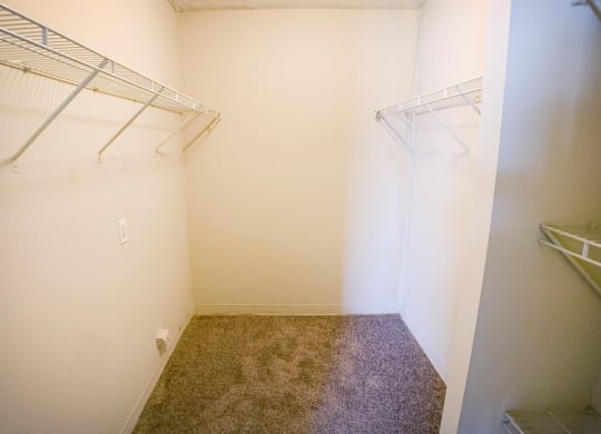 a walk in closet with a carpeted floor and two hanging racks  at Timber Ridge Apartments, Cincinnati
