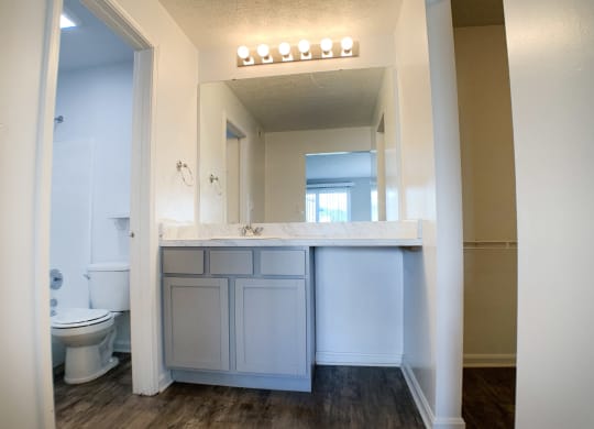 a bathroom with a sink and a toilet and a mirror  at Knobs Pointe Apartments, New Albany, IN, 47150