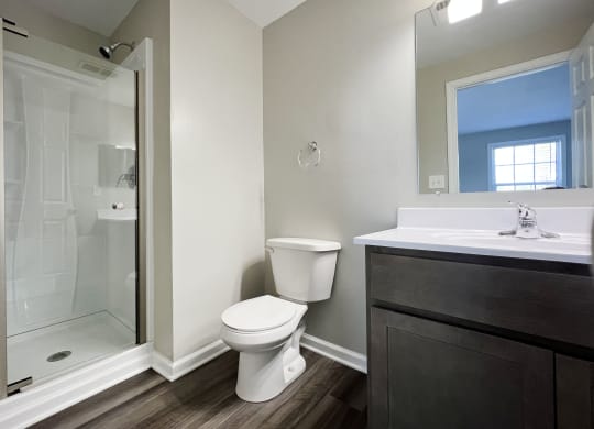a bathroom with a toilet sink and shower  at Woodhills Apartments, West Carrollton