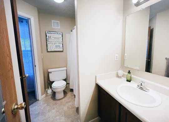 a bathroom with a toilet and a sink and a mirror at The Vinings Apartments, Cincinnati, 45245
