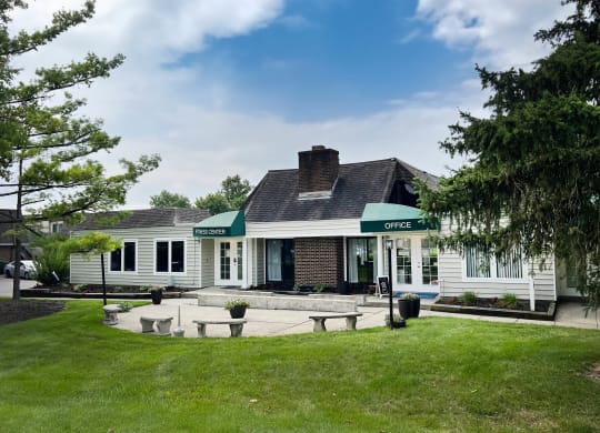 a view of the front of the building with a patio and fire pit at Miamisburg by the Mall, Miamisburg, OH, 45342
