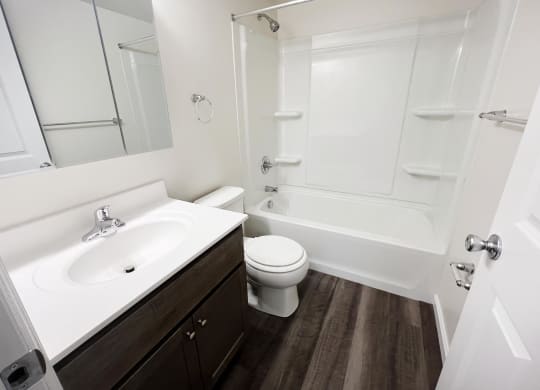 a bathroom with a sink toilet and bathtub  at Timber Ridge Apartments, Ohio