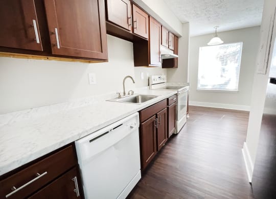 a kitchen with white countertops and dark wood cabinets at 450 on Keeneland, Richmond, KY 40475