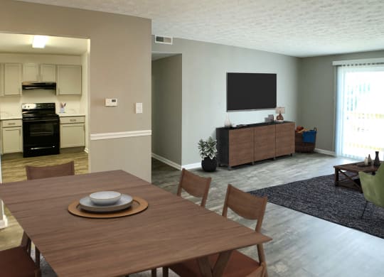 a dining room and living room with a table and a television  at Knobs Pointe Apartments, New Albany, 47150