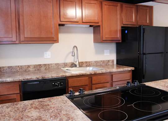 A kitchen with a black stove top oven and a black refrigerator.