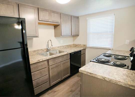 A kitchen with a black refrigerator, sink, and stove.
