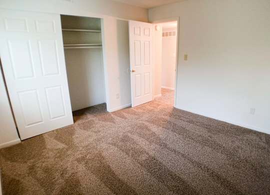 A carpeted room with a white door and a white closet.