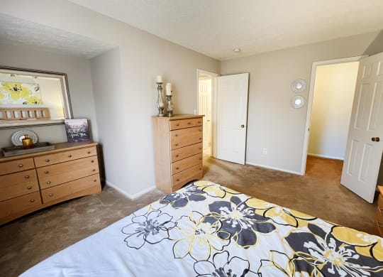 a bedroom with a bed and dressers and a closetat Revere Village Apartments, Ohio, 45458