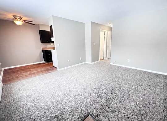 A spacious room with a grey carpet and white walls.