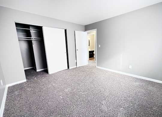 A room with a grey carpet and white walls with a door and a wardrobe.