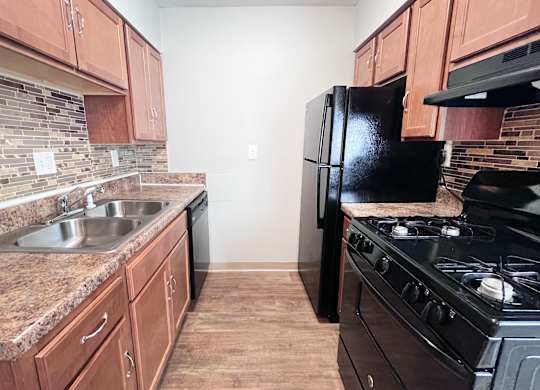 A kitchen with a black refrigerator and stove.