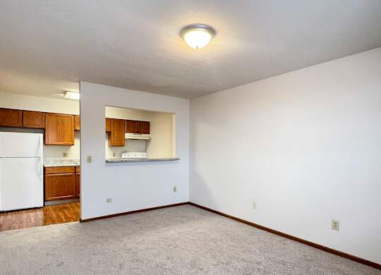 A large empty room with a carpeted floor and a single light on the ceiling.