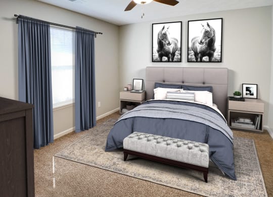 a bedroom with a bed and two horses on the wall  at Aberdine Place, Georgetown, KY, 40324