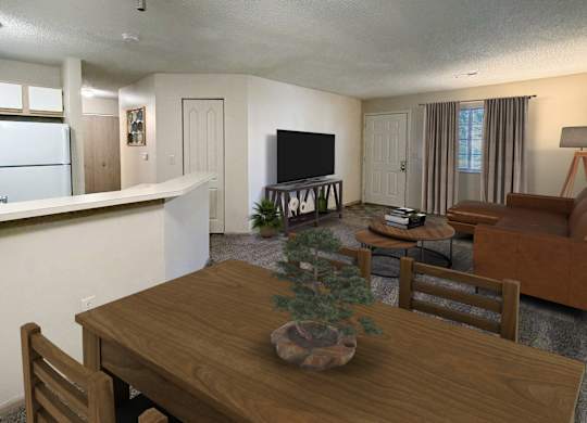 A living room with a couch, a television, and a dining table.