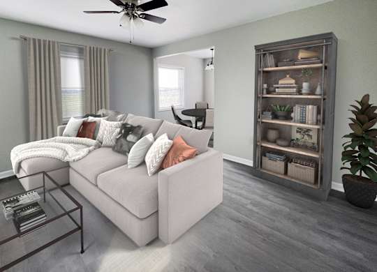 a living room with a couch and a coffee table