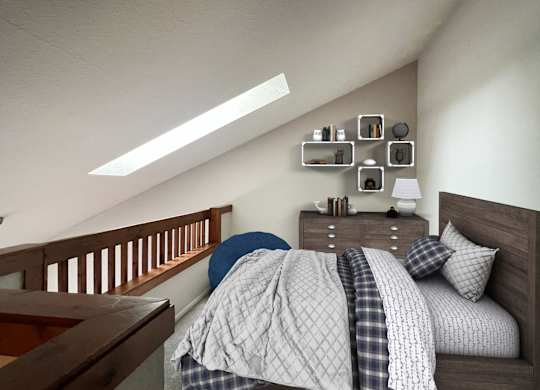 A bedroom with a bed, nightstand, and shelves above it.