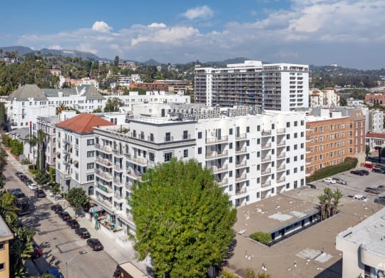 an aerial view of a city with the building The Baxter in Los Angeles, CA 90028