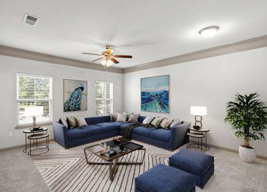 a living room with two couches and a coffee table at Stonepost Crossing Apartments, Kansas, 66213